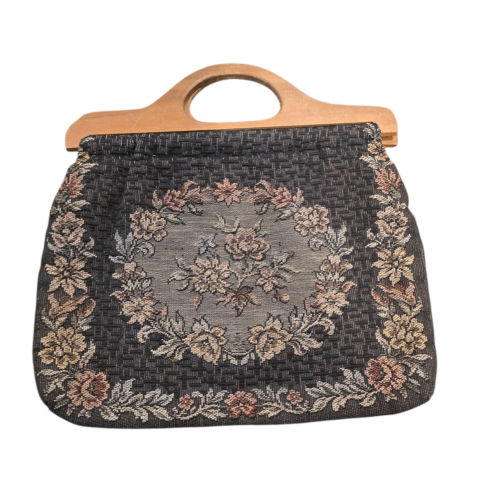 Vintage Floral Tapestry needle point sewing bag with Wooden Handle